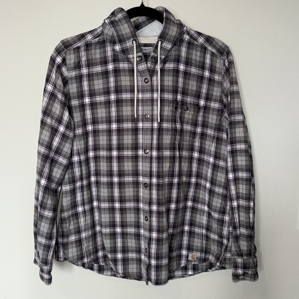 Carhartt Plaid Snap Button Up Hooded Sweatshirt Womens Med Grey Pink Long Sleeve - Picture 5 of 10